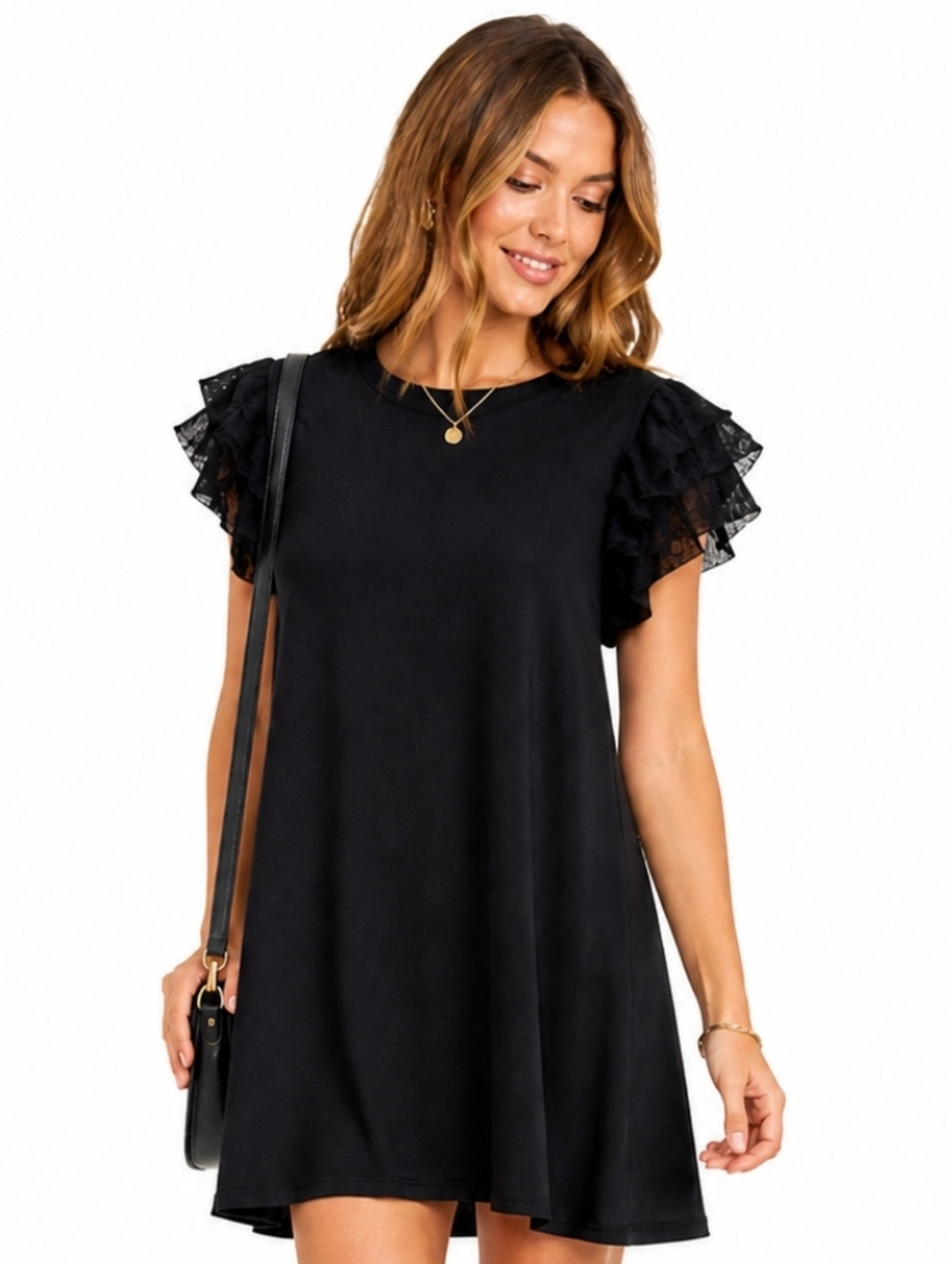 Alya Black Spandex Blend Lace Sleeve Spandex Blend Short Dress Sz Med